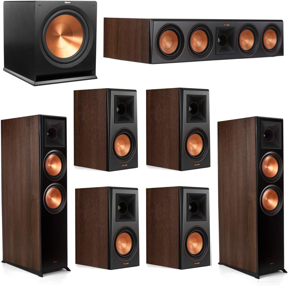 Klipsch 7.1.2 Walnut System - 2 RP-8060FA Dolby Atmos Speakers, 1 RP-504C, 4 RP-500M Speakers, 1 R-115SW