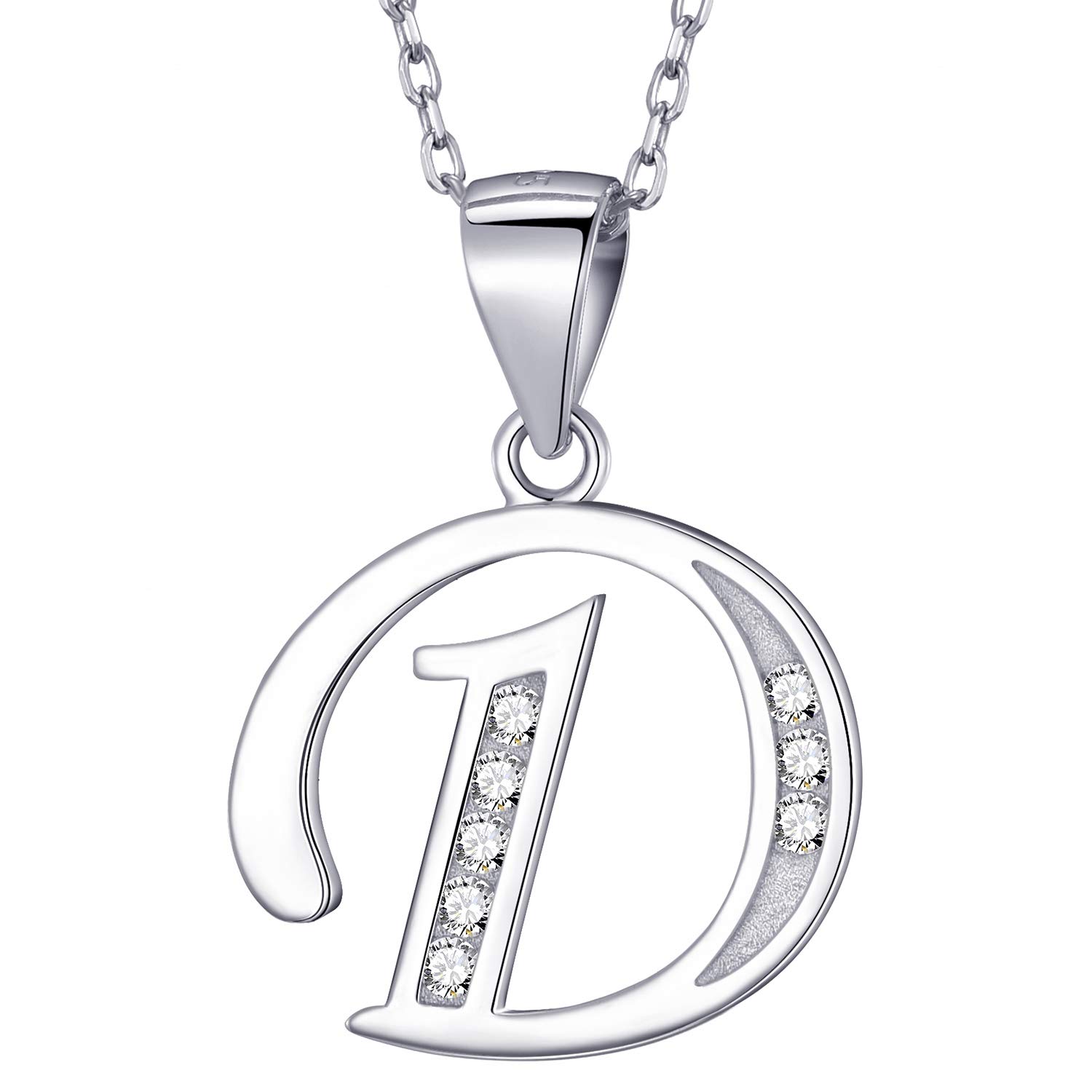 MASADA 925 Sterling Silver Letter Necklace - Initial Pendant with Zircon Stones - Letter D - Personalised Alphabet, Teens & Girls - 46 cm - 18 inch Chain in Velvet Bag
