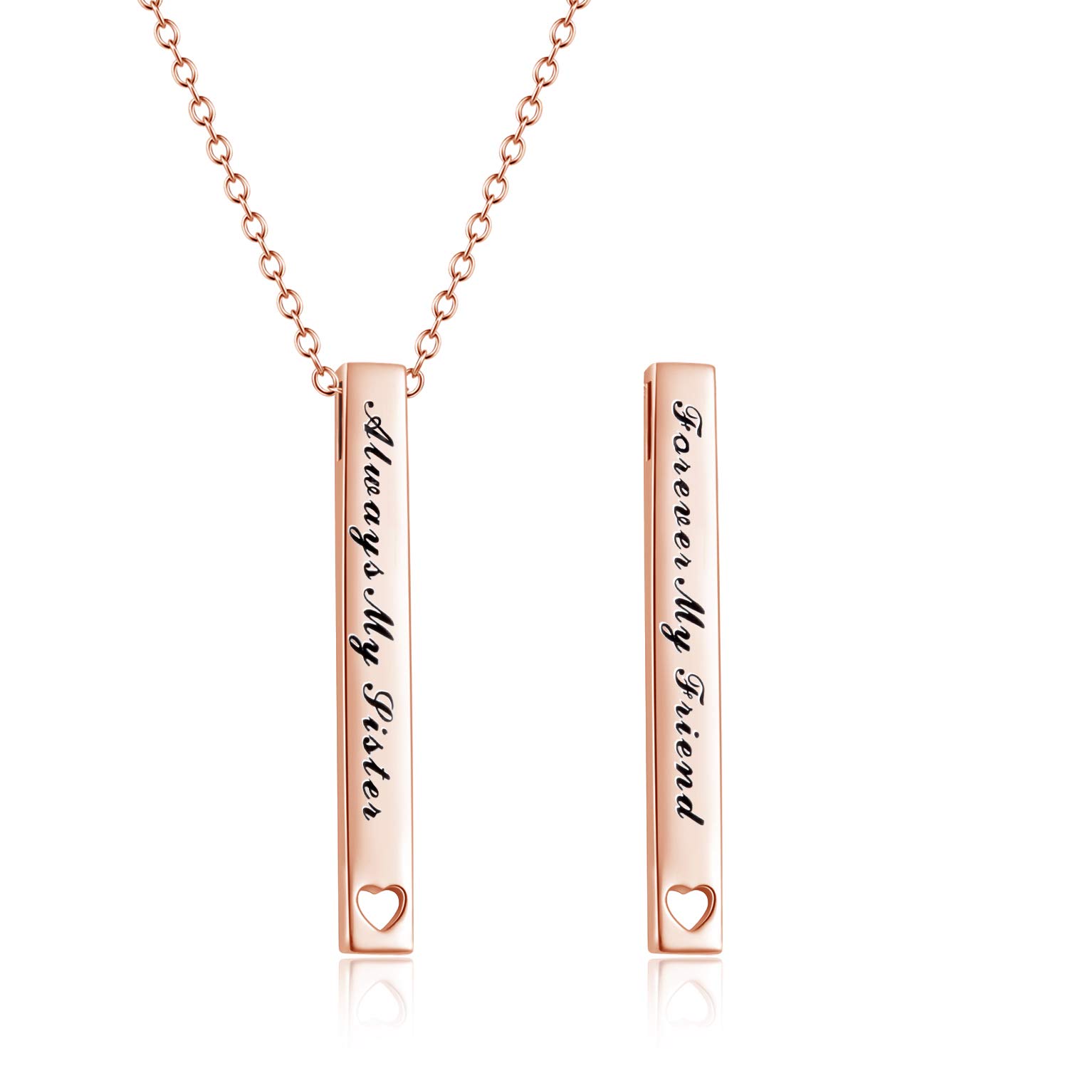 Sister Gifts Sterling Silver Always My Sister Forever My Friend Bar Pendant Necklace Jewelry Birthday Gifts for Sisters (Rose Gold-Always My Sister Forever My Friend)