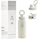 Thermol Insulated Stainless Steel Water Bottle, 32 oz, 3 Lids Set, Magnetic Phone Holder Lid, Sweat Proof, Double Wall Layer, Keeps Liquids Cold for 24 Hours & Hot for 12, Multi-Purpose. (White)