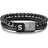 Leather Initial Bracelet for Men Gifts : Mens American Flag Black Lava Rock Braided Cord Letter Wristband for Valentines Birthday Christmas Male Jewelry Gift for Him Husband Dad Son Boyfriend