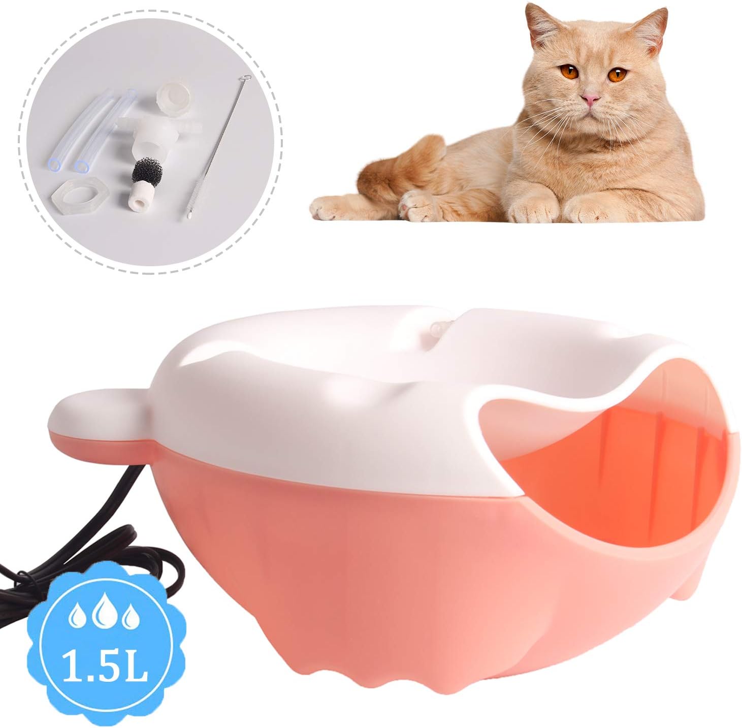 Automatic Pet Water Fountain,Jomia Cute Electric Water Dispenser with Falling Water Detachable and Easy Clean Water Bowl for Small Cats Dogs -Multiple Colors and Styles (White+Orange)