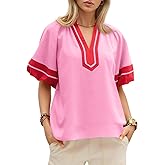 Cicy Bell Womens Color Block Puff Half Sleeve Tops Casual V Neck Blouse Loose Fit Side Split Shirts