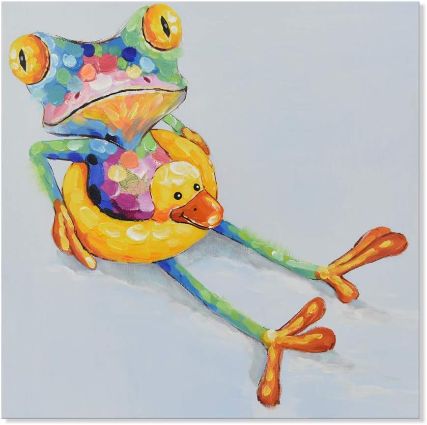 Paintings - JAPO ART Canvas Frog Wall Art Decor Funny Animal Painting Handpainted Colorful Cute Frog with Duck Swim Ring for Kidroom Bedroom Wall Decor Ready to Hang 24 x 24 Inch