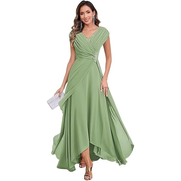 Plus Size Chiffon Wedding Guest Gown With Sleeves SMALAKAM Sage Green Mother  Of The Groom Dress With Sleeves - Tea Length, Plus Size Formal Evening Gown  US Size 20 Sage Green Tea