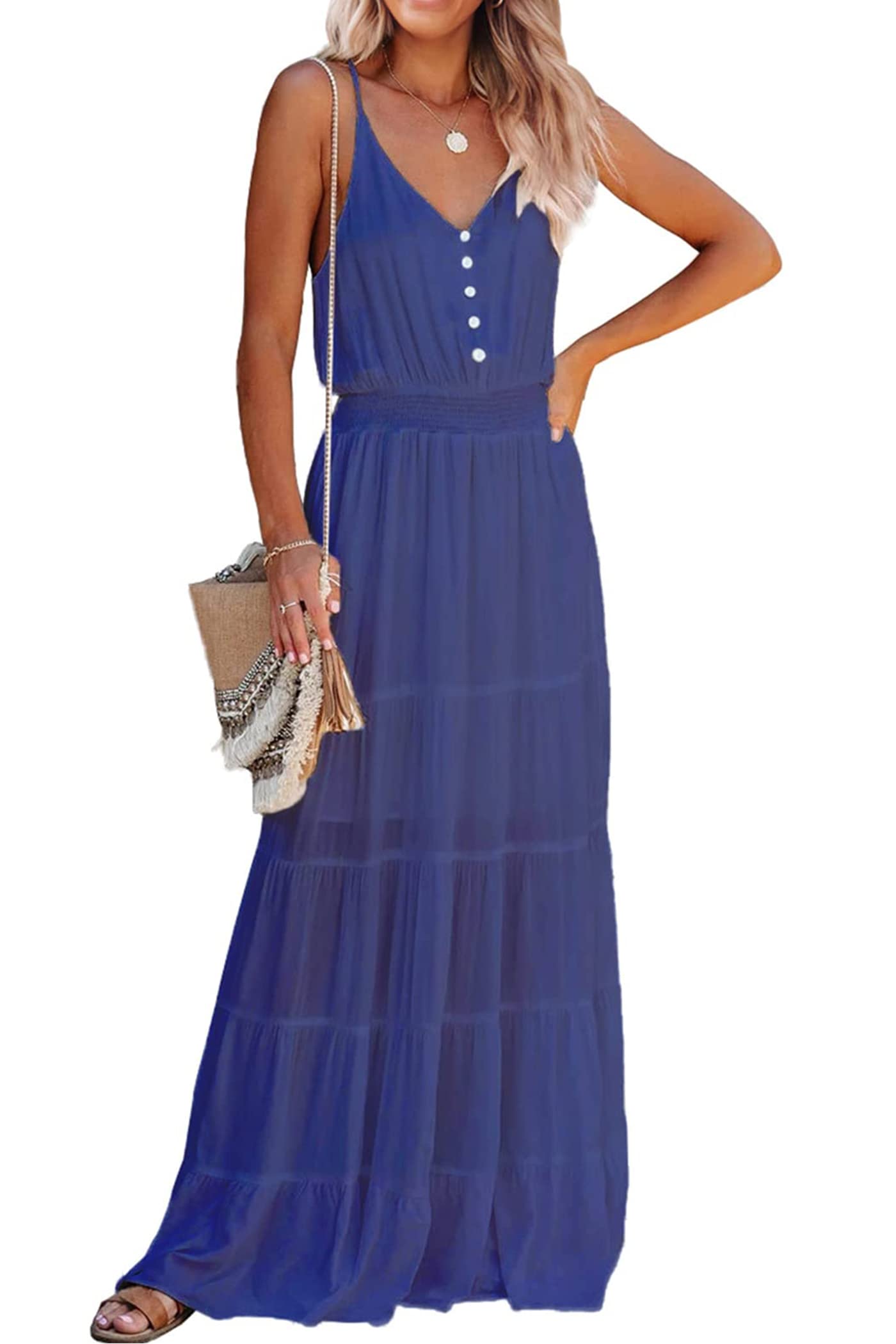 Photo 1 of *MINOR DAMAGE - USED*
PRETTYGARDEN Women's Casual Summer Dress Spaghetti Strap Sleeveless High Waist Beach Long Maxi Sun Dresses (Blue,Large)