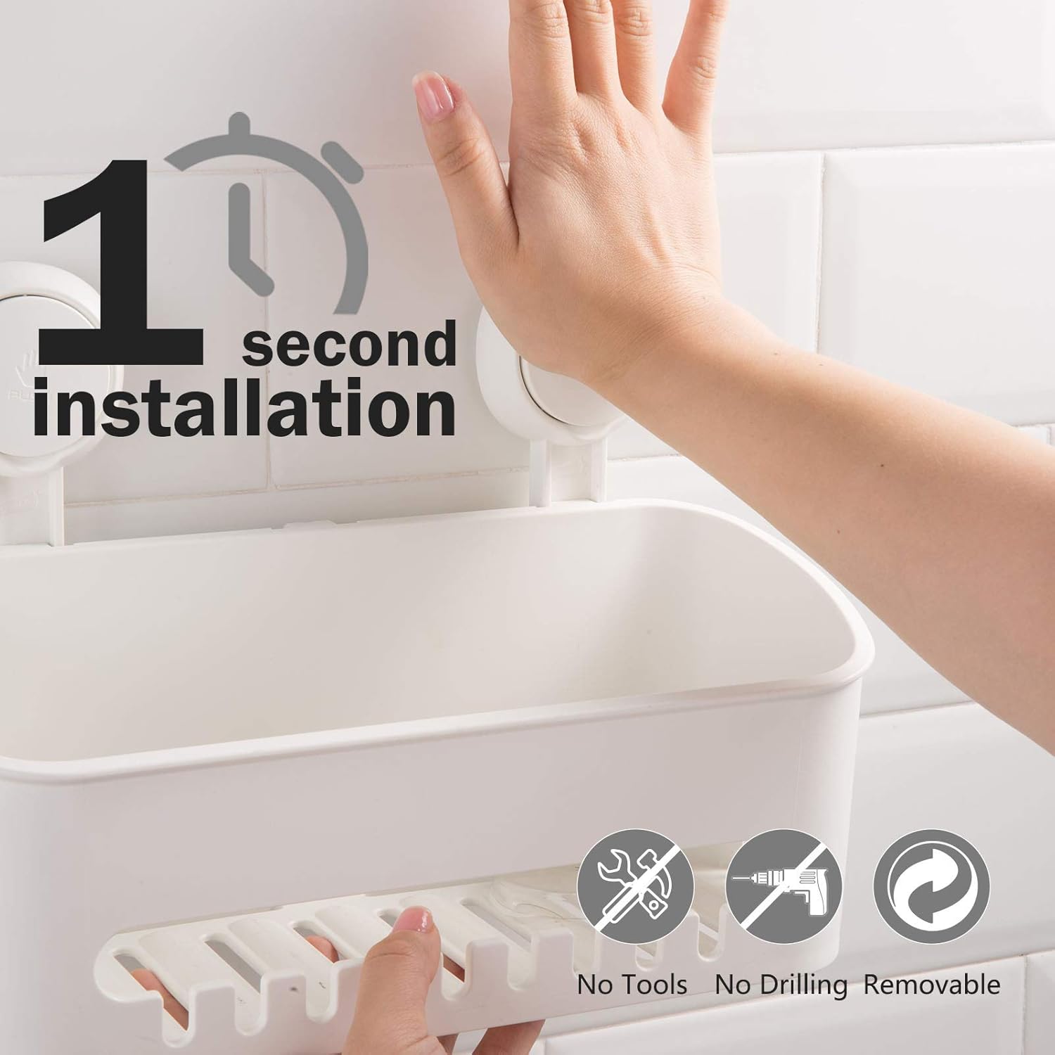 LEVERLOC Shower Caddy Suction Cup Set Bathroom Storage Shelf Suction Shower Caddy Storage No Drilling Shampoo Holder Removable Powerful Bathroom for Shampoo Toiletries Kitchen Accessories White - Image 3
