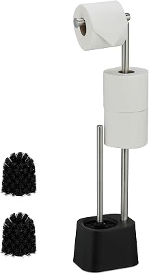 Conjunto de Casa de Banho Relaxdays, Aço Inoxidável, 65,5 x 13 x 16 cm, Suporte para Papel Higiénico com Escova, Preto/Branco