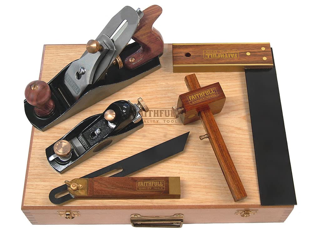 Faithfull 5 Piece Carpenters Tool Set in Hinged Wooden Case - No.4 Smoothing Plane, Block Plane, Try Square, Sliding Bevel & Marking Gauge for Measuring, Marking, Trimming & Finishing Woodwork
