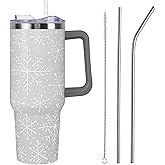 Christmas Tumbler with Handle and Straw Lid 40 oz,5D Cute Christmas Gifts for Women Gray Snowflakes Vacuum Insulated Leak Proof Tumbler,Winter Holiday Accessories Stainless Steel Coffee Cup Mug