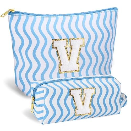 SEFORICO Initial Makeup Bag - Cute Makeup Bag Girl Makeup Bag, Personalized Gifts Teen Girl Gifts Toiletry Bag Cosmetic Travel Bag Makeup Bags Daughter Gifts Mom Gift Birthday Gifts for Women (Blue V)
