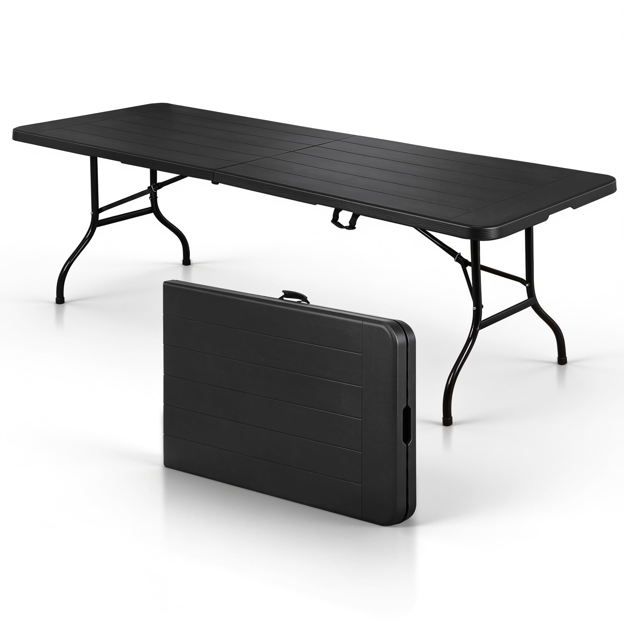 SUPER DEAL 8FT Folding Picnic Table for Indoor Outdoor, Portable Fold-in-Half Plastic Dining Camping Party Table with Carrying Handle, Black Image