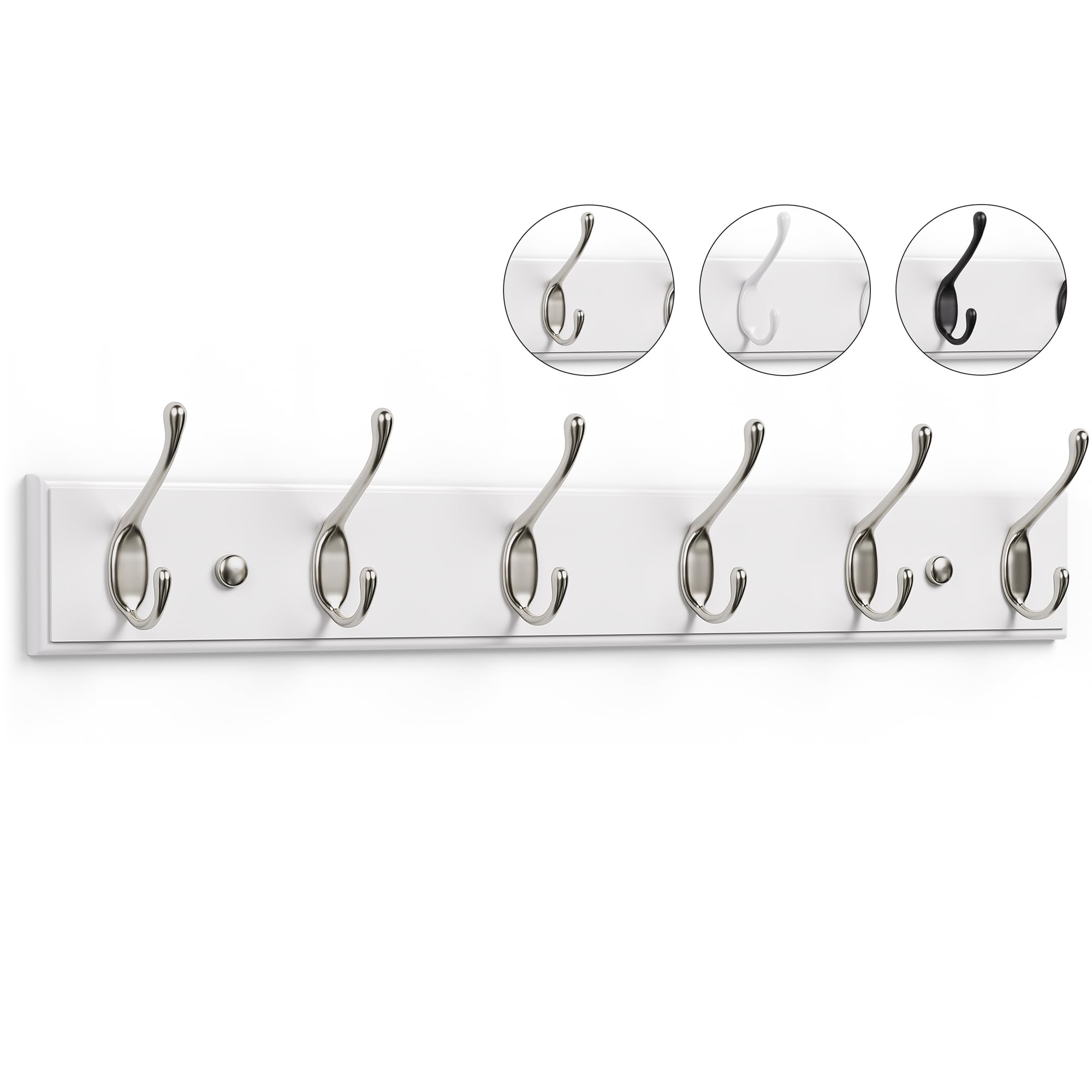 LARHN White Coat Hooks Wall Mounted Coat Rack - 6 Matt-Nickel Wall Hooks - 59 cm - All Fixings Included for Quick & Easy Installation