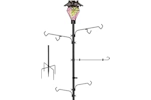 LUJII Solar Shepherds Hooks for Outside, Hummingbird Feeder Stand with 4 Adjustable Hangers and 1 Flag Holder, Heavy Duty Tall Pole for Bird Feeders, Wind Chimes, Lanterns (Purple)