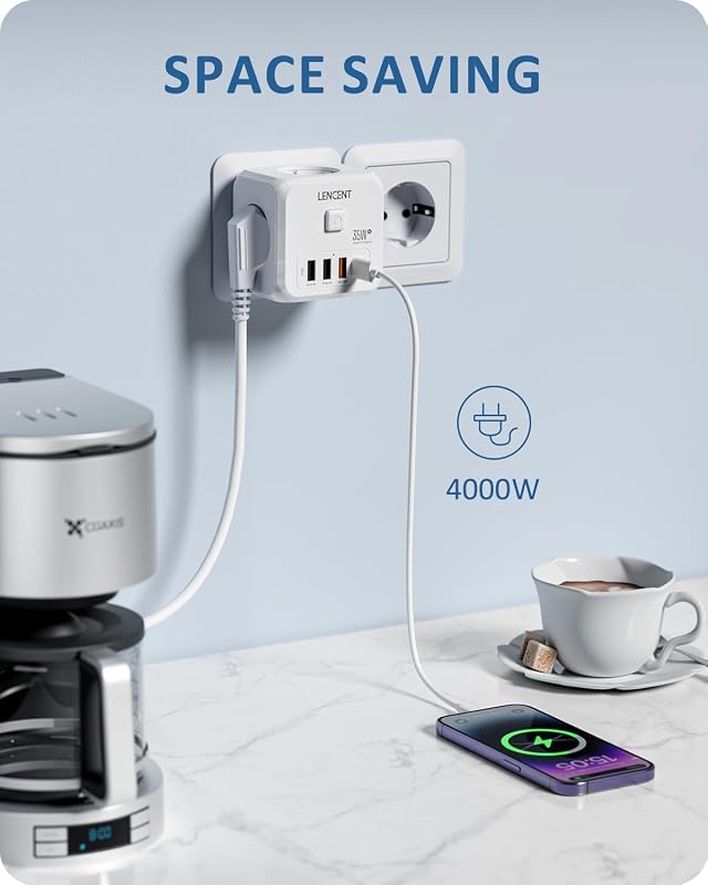 Lencent usb plug cube com carregamento rápido pd35w, ladron plug 4000w com 3 tomadas ca, 3 usb e 1 pd35w, multiple wall plug cube com interruptor, carregador usb para família, cozinha e escritório