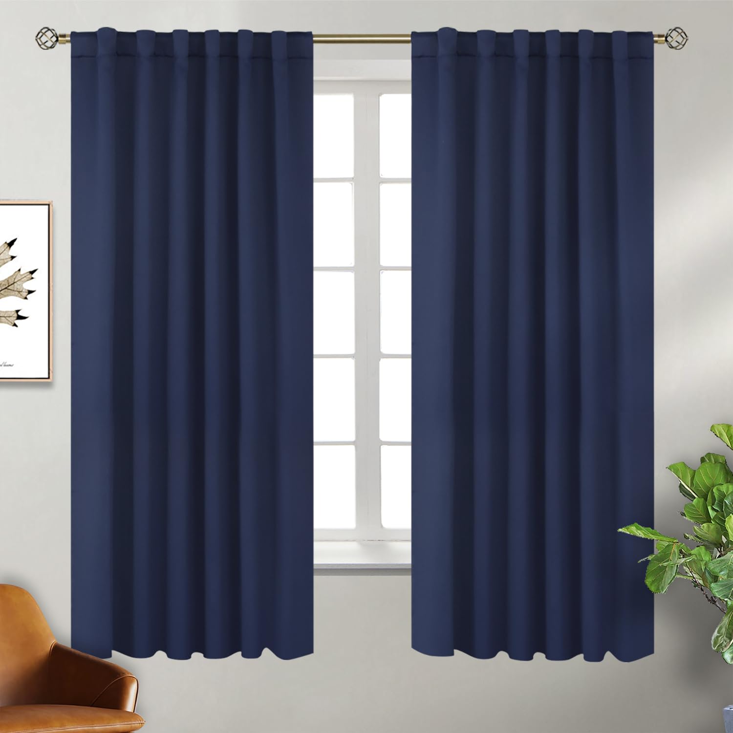 BGment Rod Pocket and Back Tab Blackout Curtains for Bedroom - Thermal Insulated Room Darkening Curtains for Living Room, 2 Window Curtain Panels (52 x 63 Inch, Navy Blue)