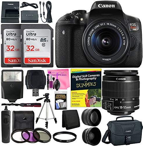 Canon EOS Rebel T6i (750D) SLR Camera with 18-55mm EF-S f/3.5-5.6 IS II Lens + 58mm Wide Angle &amp; 2x Telephoto Lenses + Flash + 64GB Memory + UV Filter Kit + Tripod + Full Camera Works Accessory Kit