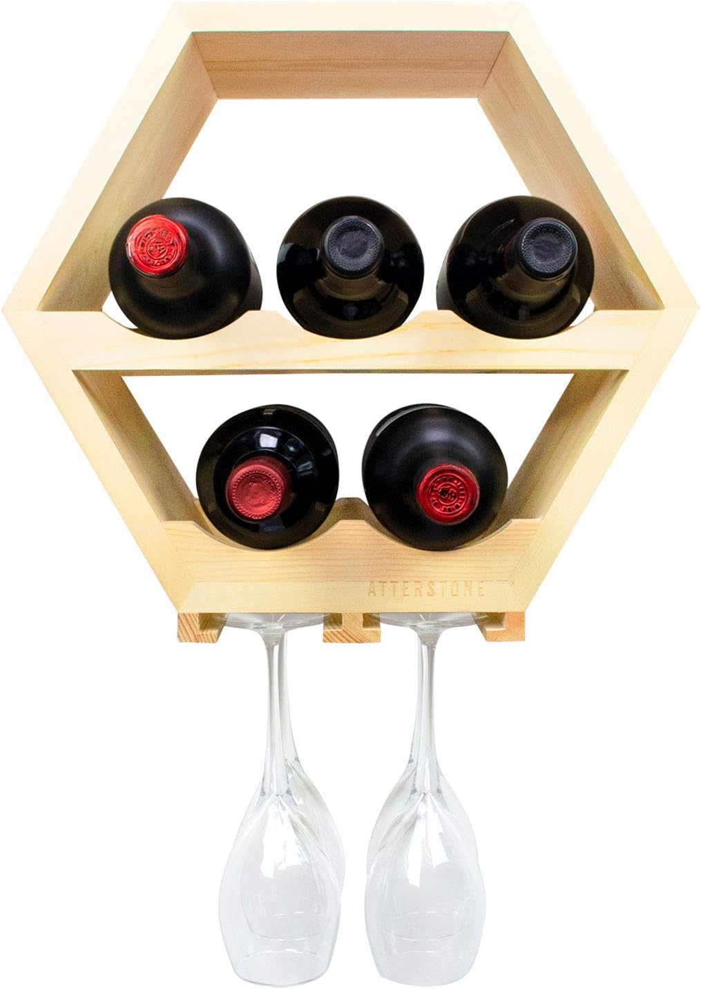 wine glass display rack on Amazon Com Atterstone Honeycomb Wine Rack Holds 5 Bottles And 4 Glasses Wall Mounted Wine Bottle Display Rack With Hanging Stemware Holder And Stylish And Unique Wooden Hexagonal Cell Kitchen Dining