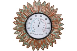 VEWOGIFT Sunflower Outdoor Thermometers, No Need Battery Indoor Themometer, 12" Metal Wall Thermometer with Large Number Easy to Read for Patio Room Decor