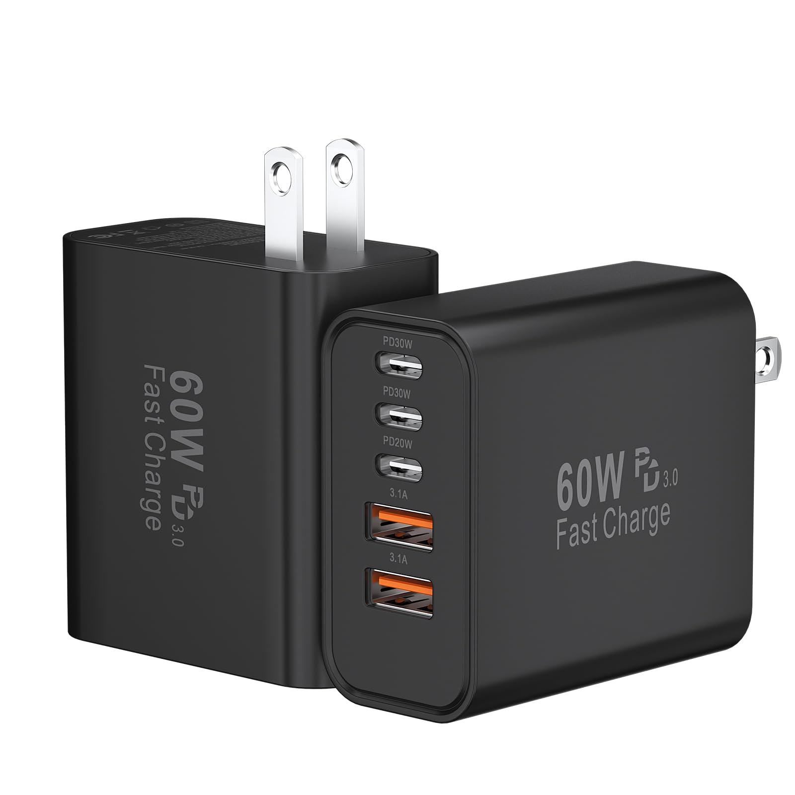 USB C Fast Charger Block, 60W 5-Port USB C Wall Charging Blocks, Type C Chargers Fast Charging Brick, 3USB C+2USB A PD&QC3.0 Multiport Charger Plug for Phone 17/16/15/14/13 Pro Max, White+Blue