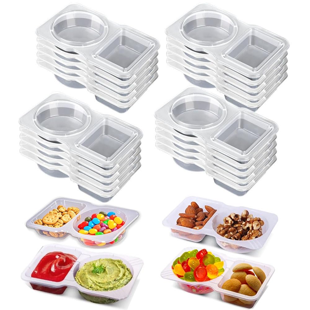 Photo 1 of 20 Sets Snack Condiment Containers with Lid, Disposable Double 2 compartments Dipping Container Refrige, Reusable Takeaway Sauce Dip Case Storage for Outdoor Sampling Travel Picnic Take-out (20)
