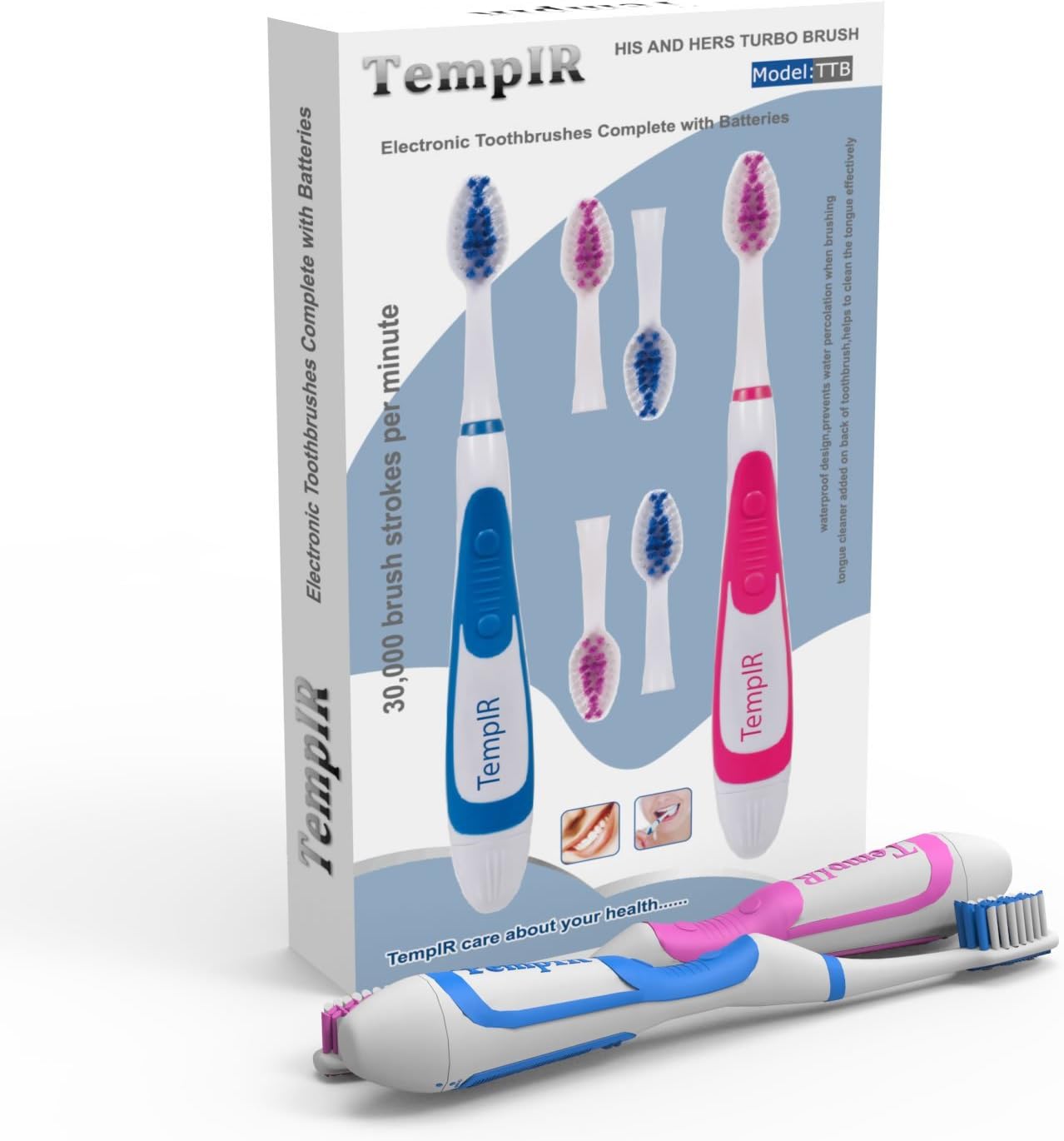 Sonic Wave Battery Toothbrush Portable, 2 Toothbrushes with 4 EXTRA Brush Heads. Clean teeth for Children and Adults. TempIR Electric Turbo Brush 30,000 Strokes A Minute. Lifetime Guarantee. Blue/Pink