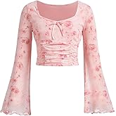 Milumia Girl's Floral Print Bowknot Bell Sleeve Crop Tops Square Neck Ruched T Shirts
