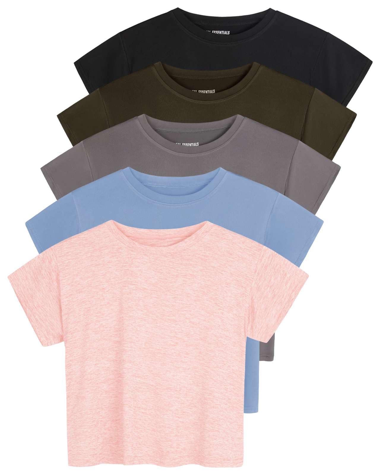Photo 1 of ***BLUE AND PINK SHIRT MISSING***
 Real Essentials 5 Pack: Womens Crop Top High Waist Quick Dry Fit Active Wear Yoga Workout Athletic Running Gym Exercise Ladies Short Sleeve Crew Neck Moisture Wicking Tees T-Shirt Summer - Set 10, S