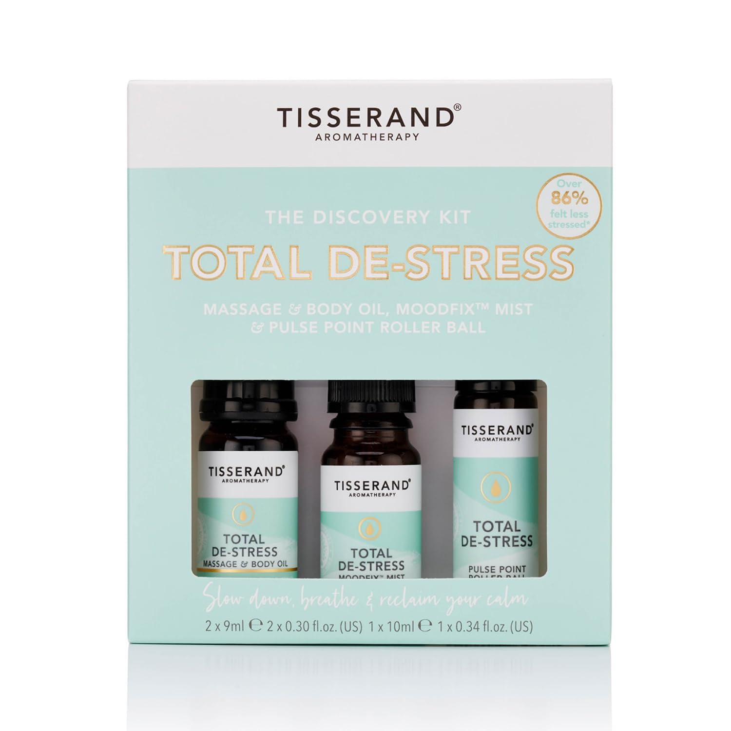 Tisserand - Total De-Stress Discovery Kit - Roller Ball, Massage & Body Oil & MoodFix Mist - 100% Natural Pure Essential Oils - 2x9ml, 1x10ml
