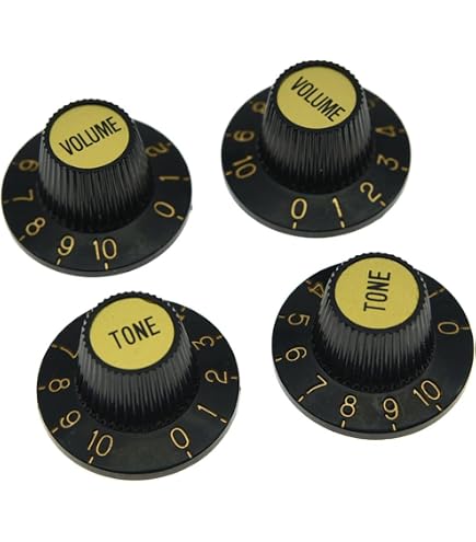 thumbnail image 2 of Bell Hat Gold Insert Black Knob – Volume/Tone Control – 4 USA Gibson Guitar CTS Pot – Unbranded 2 of 5
