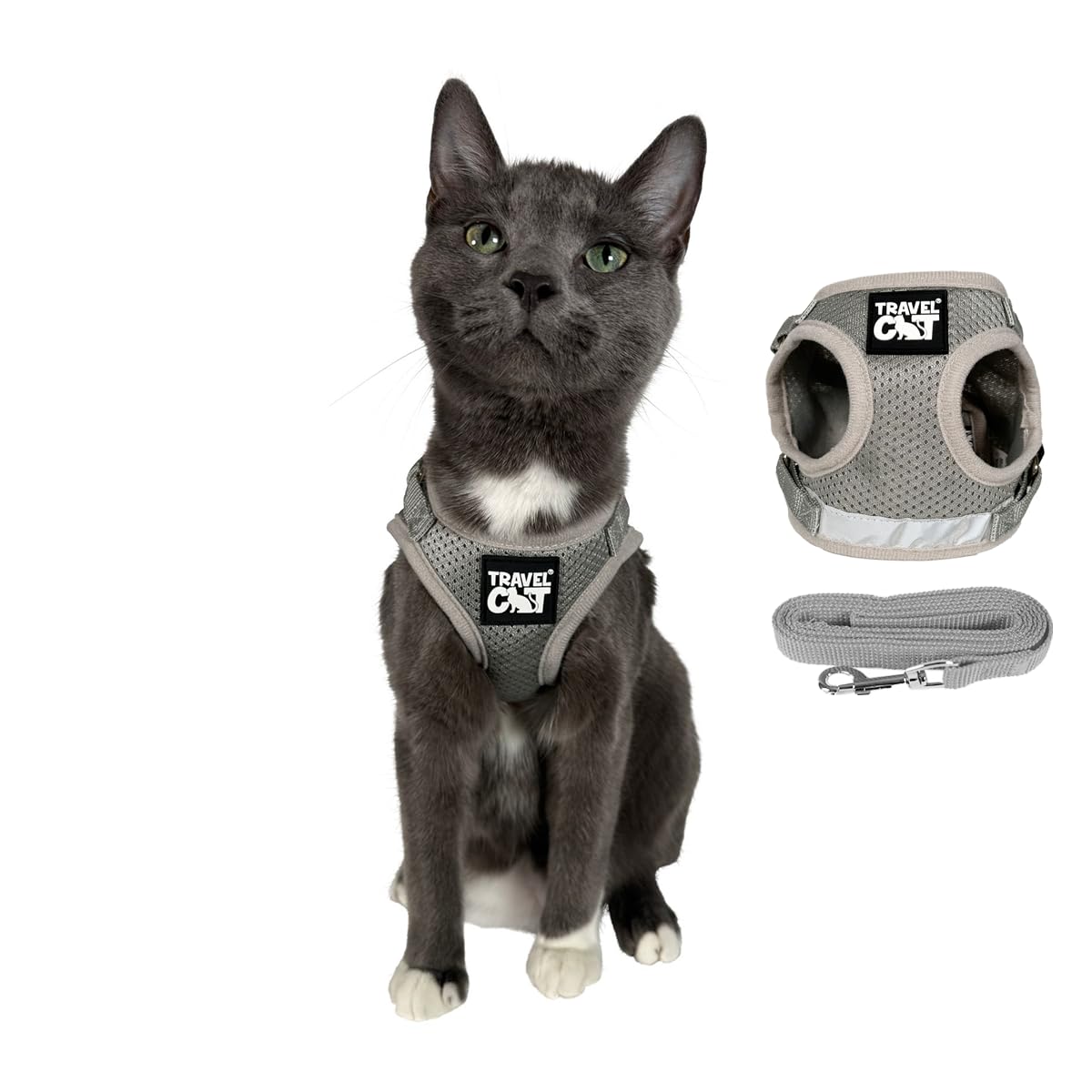 Travel Cat Harness and Leash Set - Adjustable Comfort Fit Mesh Vest Harnesses with Reflective Strap - Snug Fit Harness for Cats, Kitten for Outdoor Walking, Grey, Large (Chest 16-19 inch)