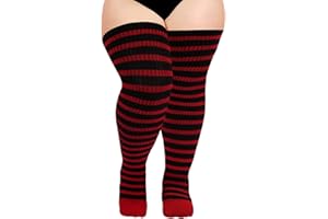 Moon Wood Plus Size Thigh High Socks for Women Knit Cotton Extra Long Striped Over the Knee High Socks Leg Warmers