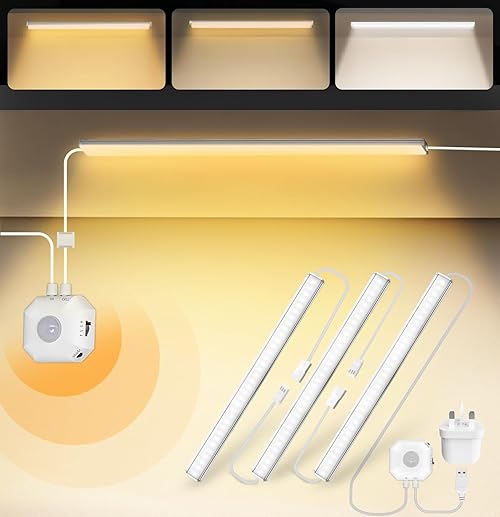 MATICOD Under Cupboard Kitchen Lights, 3 Colors Motion Sensor Lights Indoor Under Cabinet Kitchen Lighting with Warm White Cold White Daylight, Under Counter Light Wardrobe Light