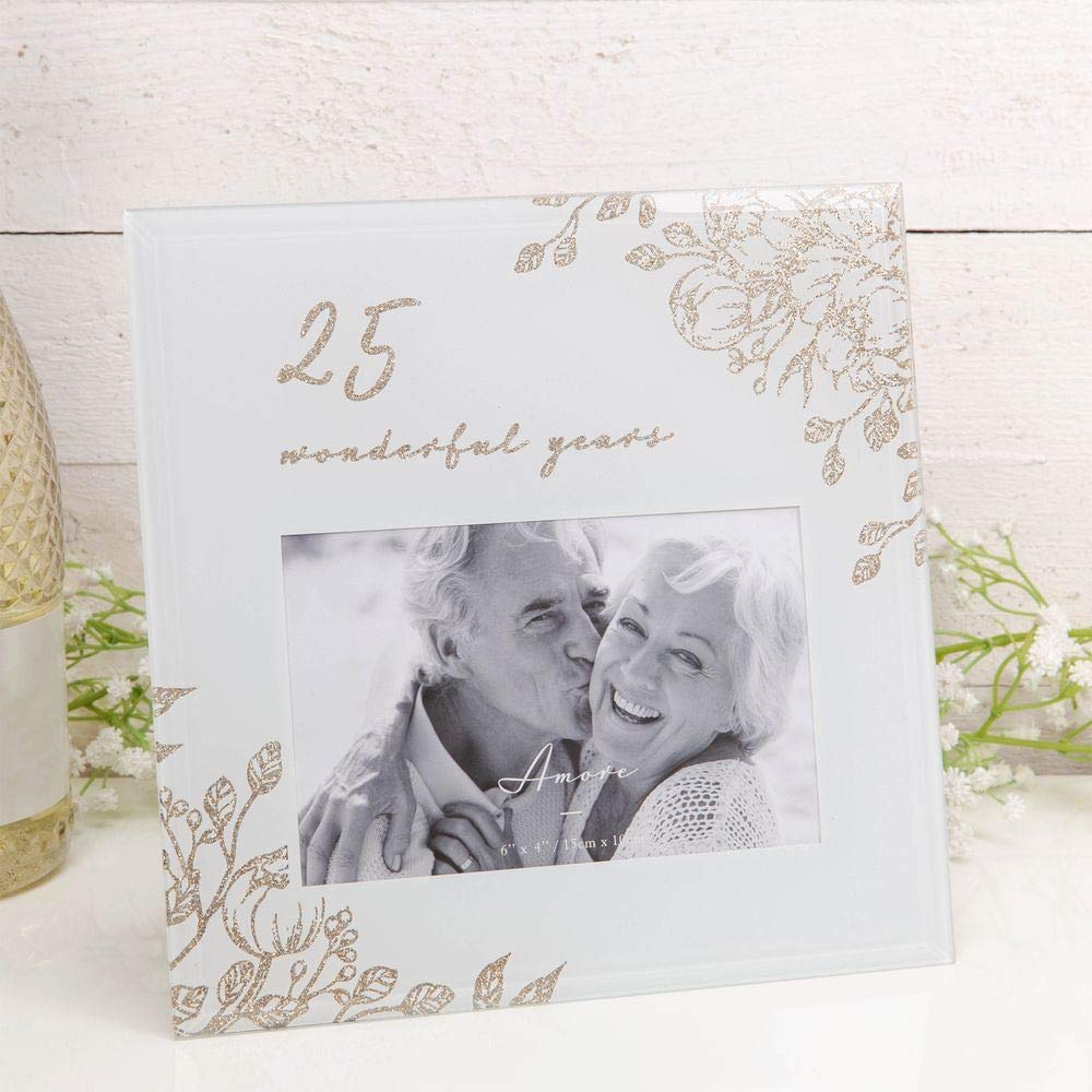 Amore Anniversary Grey Glass 6'x4' Photo Frame with Glitter/Wording - 25 Years Together