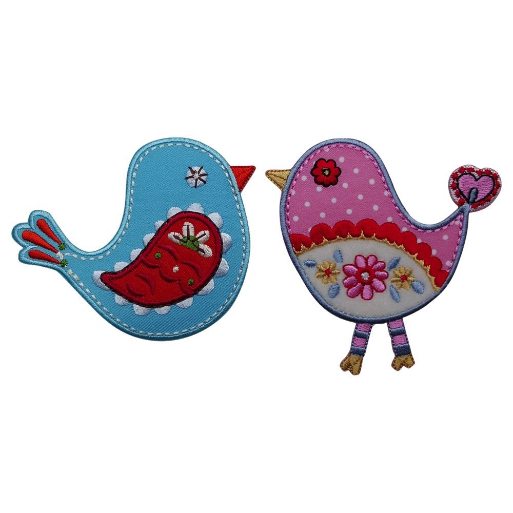 Bird Pink 9X9Cm Uccello Turchese 9X8Cm Pulcino rosa in tessuto con bollini bianchi intarsio bianco con fiori colorati e ricamo rosso cuore colorato sulla