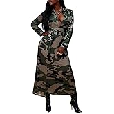 LROSEY Women's Casual Button Down Short Sleeve Maxi Dress African Floral Camo A Line Long Dresses with Belt