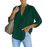 AISEW Womens Casual V Neck Shirts Cuffed Sleeves Chiffon Blouses Loose Solid Henley Work Tops
