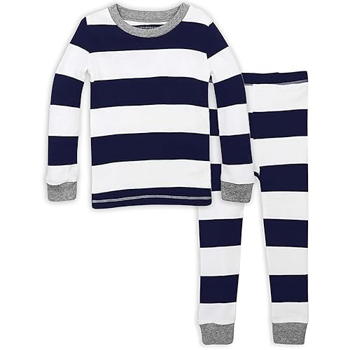 Burt's Bees Baby baby boys Pajamas, Tee Pant 2-piece Pj Set, 100% Organic Cotton and Toddler Pajama Bottoms, Midnight Rugby Stripe, 24 Months US