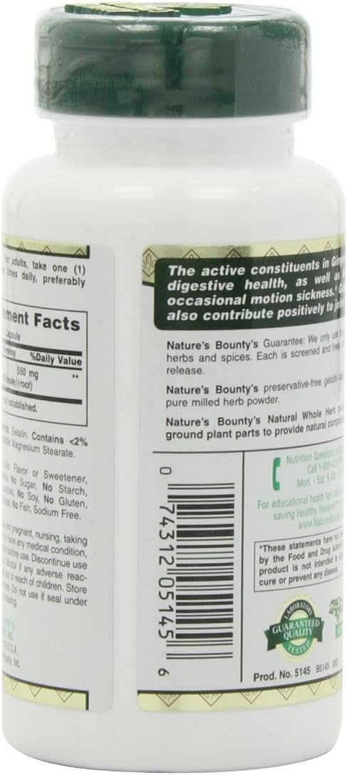 Nature's Bounty Ginger Root Pills and Herbal Health Supplement, Supports Digestive Health, 550mg, 100 Capsules: Health & Personal Care