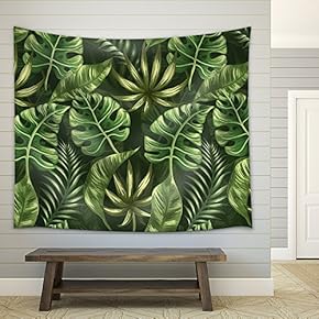 Vector - Seamless Pattern with Palm Leaves Stylized Like Watercolor - Fabric Wall Tapestry Home Decor - 51x60 inches