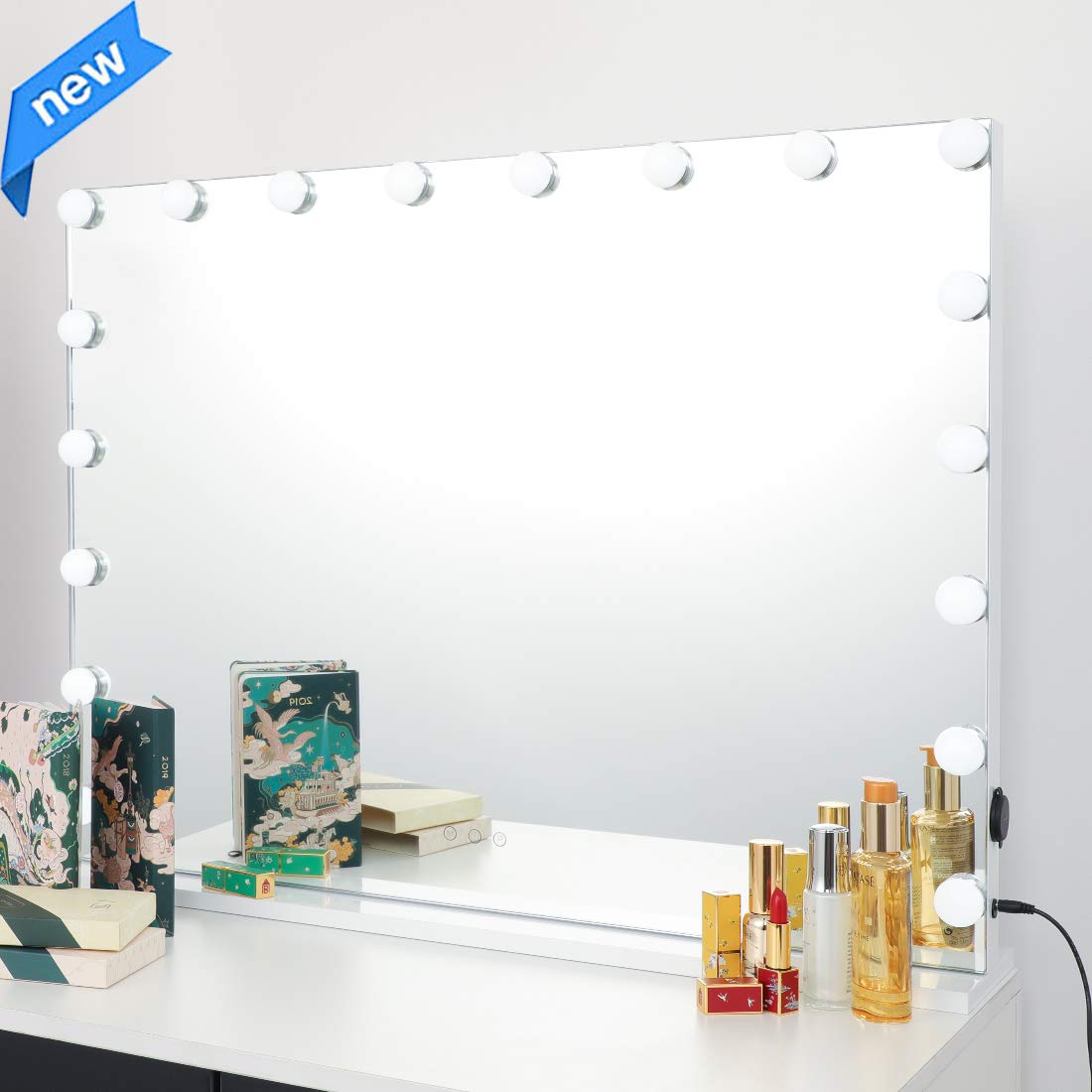 Makeup Mirror with Lights, Hollywood Vanity Mirror, Tabletop or Wall Mounted Mirror with USB Port, 3 Color Modes Cosmetic Mirror, Touchscreen Large Mirror with 18 Dimmable Bulbs, White
