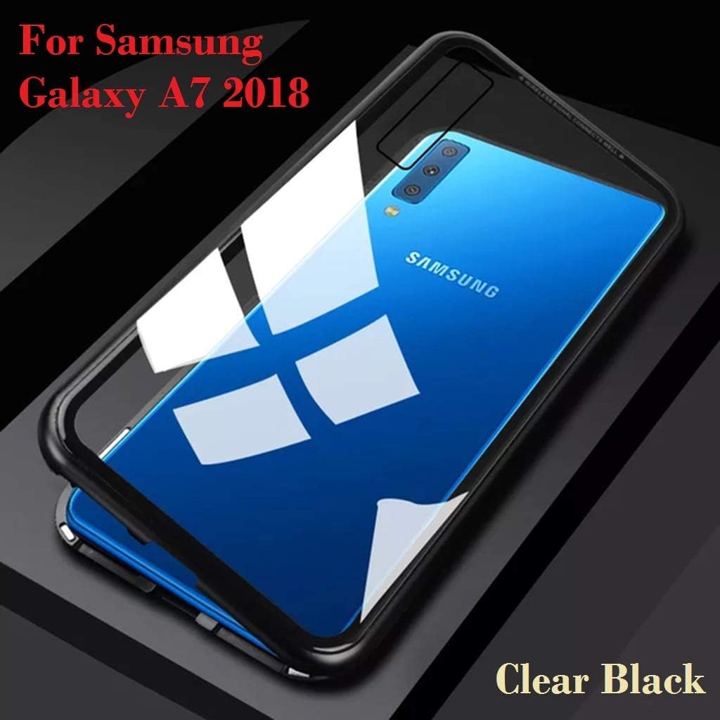 Wprie Case,Ultra Slim Magnetic Cover Metal Frame & Tempered Glass Back, Built-in Powerful Magnet [Wireless Charging Support] Back Cover for Samsung A7 2018 (Black)