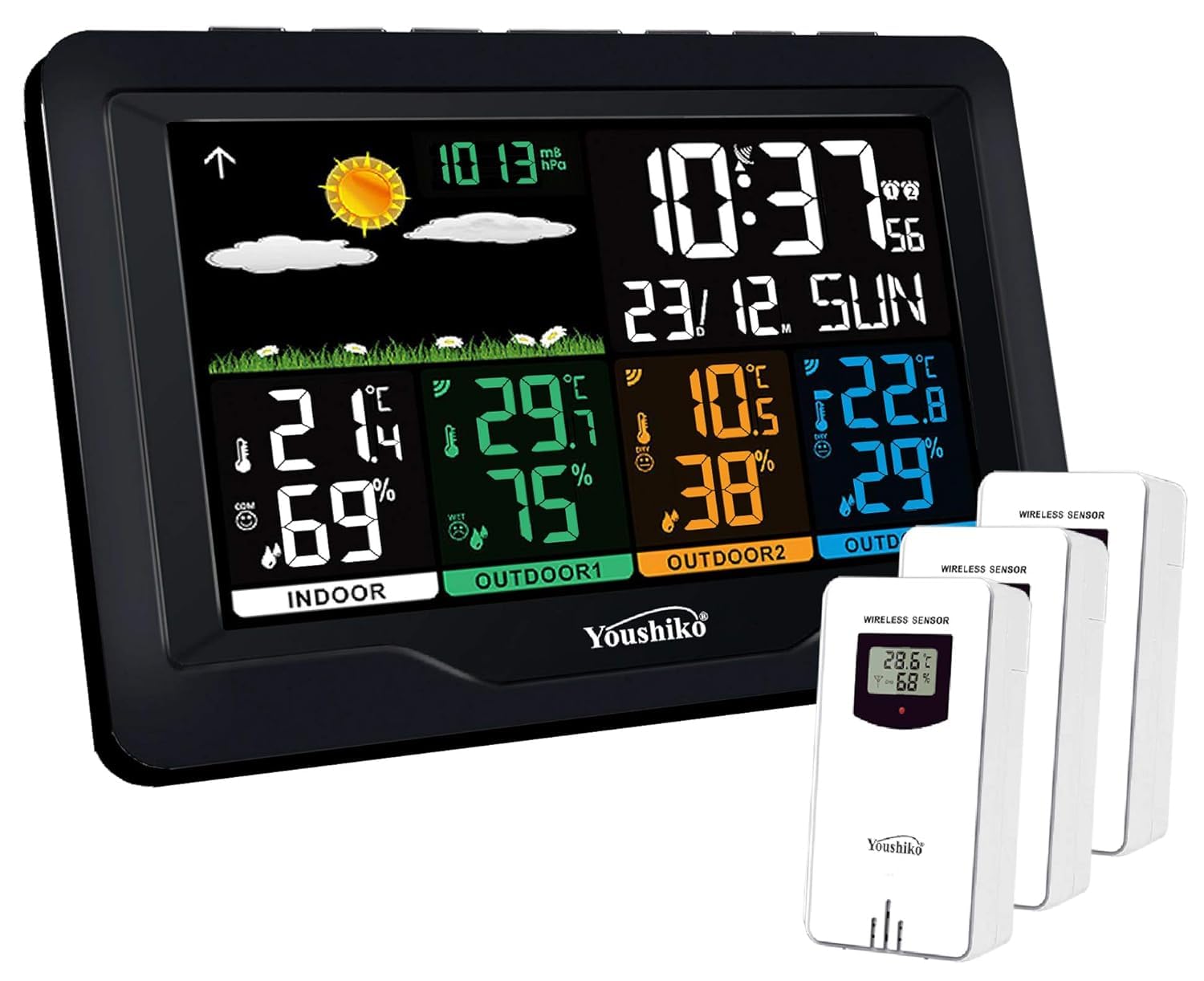 Youshiko (Official 2026 UK Version), with 3 x Wireless Sensors Weather Station, Radio Controlled Clock Indoor Outdoor Temperature Thermometer, Humidity, Barometric Pressure