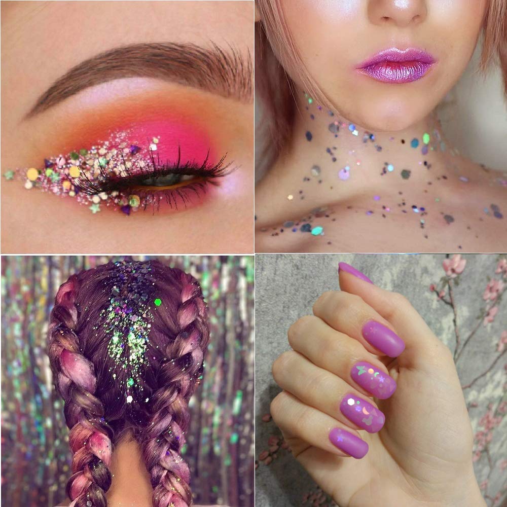Tingbeauty 2Boxes 24Colors Holographic Nail Iridescent Sequins Colorful Flakes Nail Art Sticker Glitter DIY Decals Decoration for Face Body Eyes: Arts, Crafts & Sewing