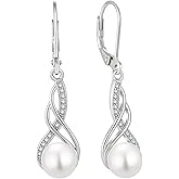 BELRYO Infinity Pearl Earrings for Women, 925 Sterling Silver Twisted Leverback Dangle Drop Earrings with 8MM Freshwater Pearl Cubic Zirconia Earrings, Birthday Anniversary Jewelry Gifts for Women