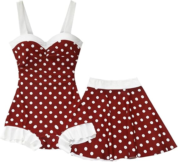 Amazon 女性レトロ赤ドットワンピース水着スカート水着ビーチ水着 01 Xl ワンピース 通販