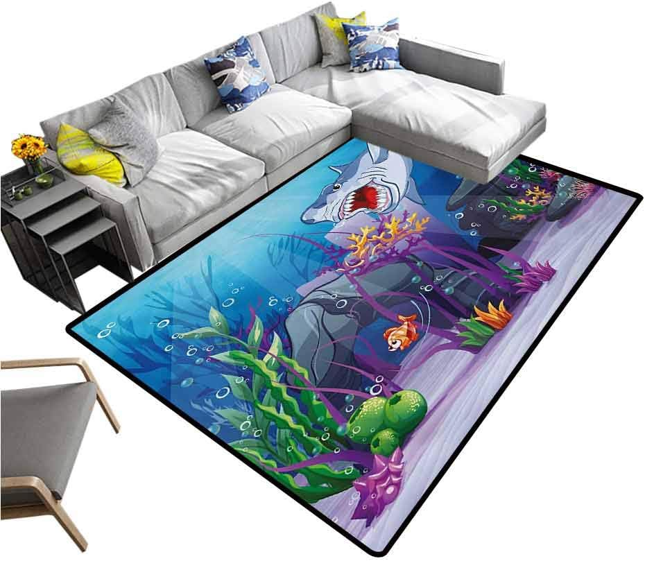Ocean Rug Pad Cartoon Style Underwater World Plants and Evil Shark Chasing Little Fish Illustration Rugs for Dorm Home Kids Multicolor (4'x5')
