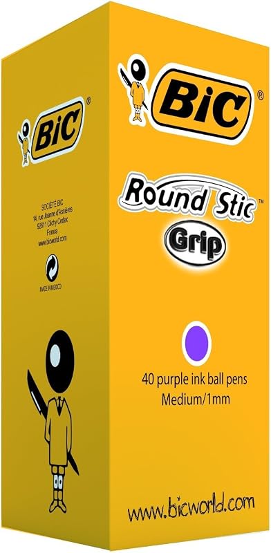 Round Stic Grip - Paquete de 40 bolígrafos de bola con trazo fino (0.4 mm), color púrpura