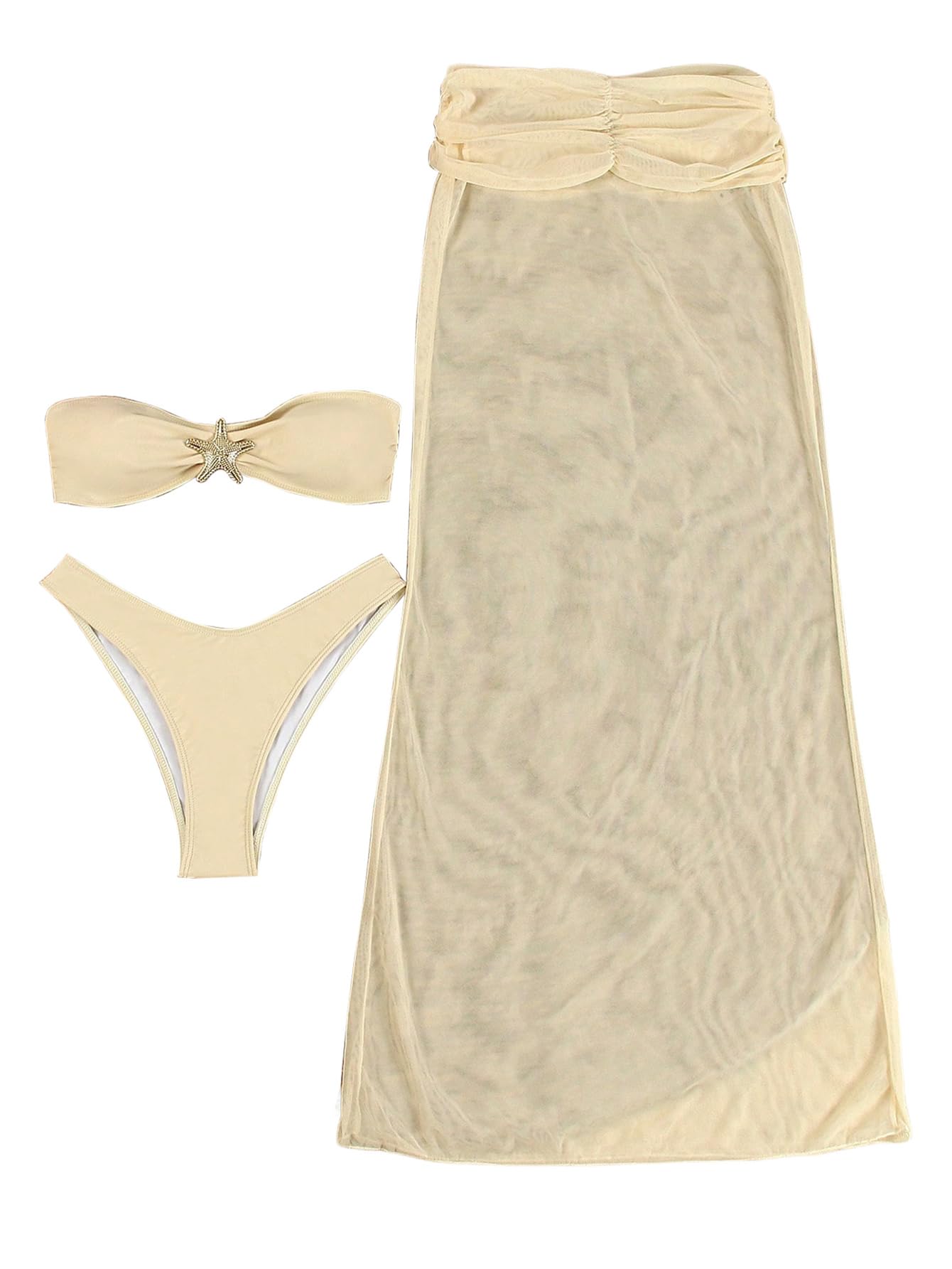 Photo 1 of **MISSING SKIRT COVER UP** GORGLITTER Women's Strapless Bikini Star Decor Bandeau Swimsuits with Mesh Ruched Beach Cover Up Skirt Bathing Suit Beige Medium