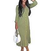 LAJIOJIO Sexy Long Sleeve Knit Sweater Dress, Winter Button V Neck Pleated Long Dresses for Women